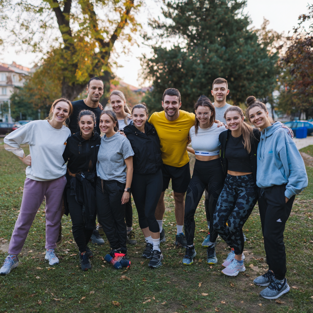 Grup de adulți români de diferite vârste zâmbind fericiți după o sesiune de antrenament funcțional în aer liber