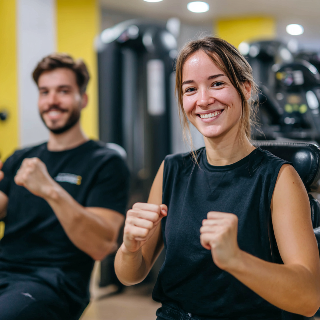 Grup mixt de adulți români zâmbitori celebrând împreună după finalizarea unui program de fitness, demonstrând bucuria și satisfacția rezultatelor obținute